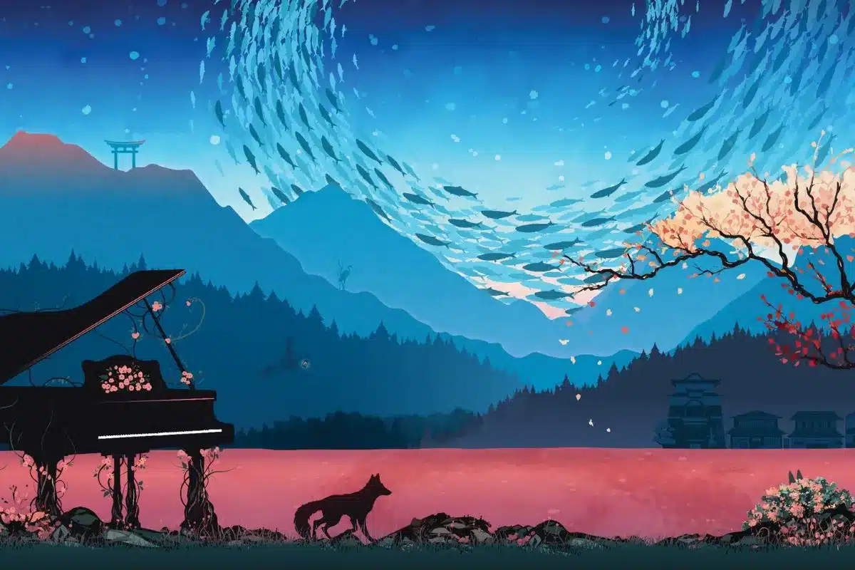 Illustrated artwork inspired by the music of Joe Hisaishi, featuring a piano, cherry blossoms and a flock of fish swimming through the sky