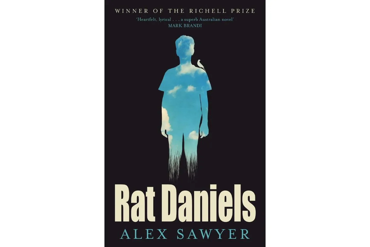 Cover of Rat Daniels by Alex Sawyer, winner of the Richell Prize, featuring the silhouette of a boy filled with blue sky and clouds, with a bird perched on his shoulder