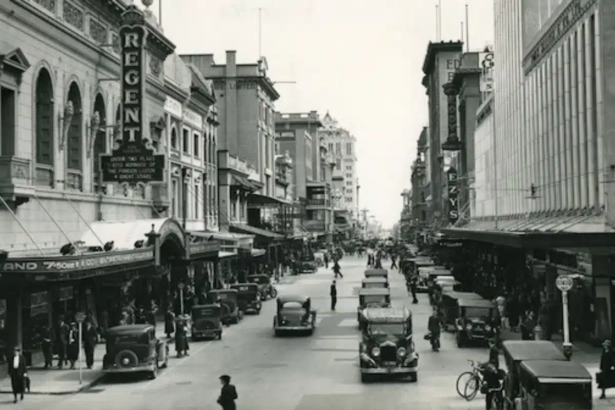 Historic Rundle Mall, Adelaide black and white historic photo.