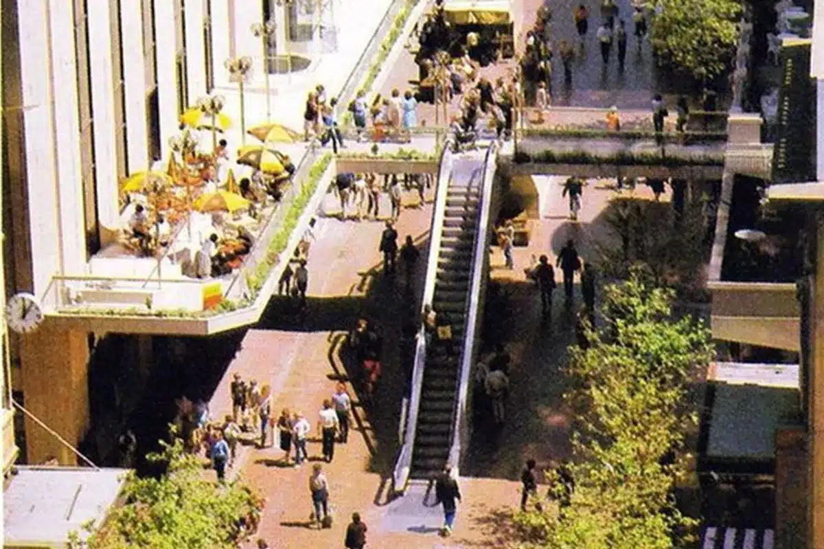 Rundle Mall, Adelaide. City escalator between 2 buildings.