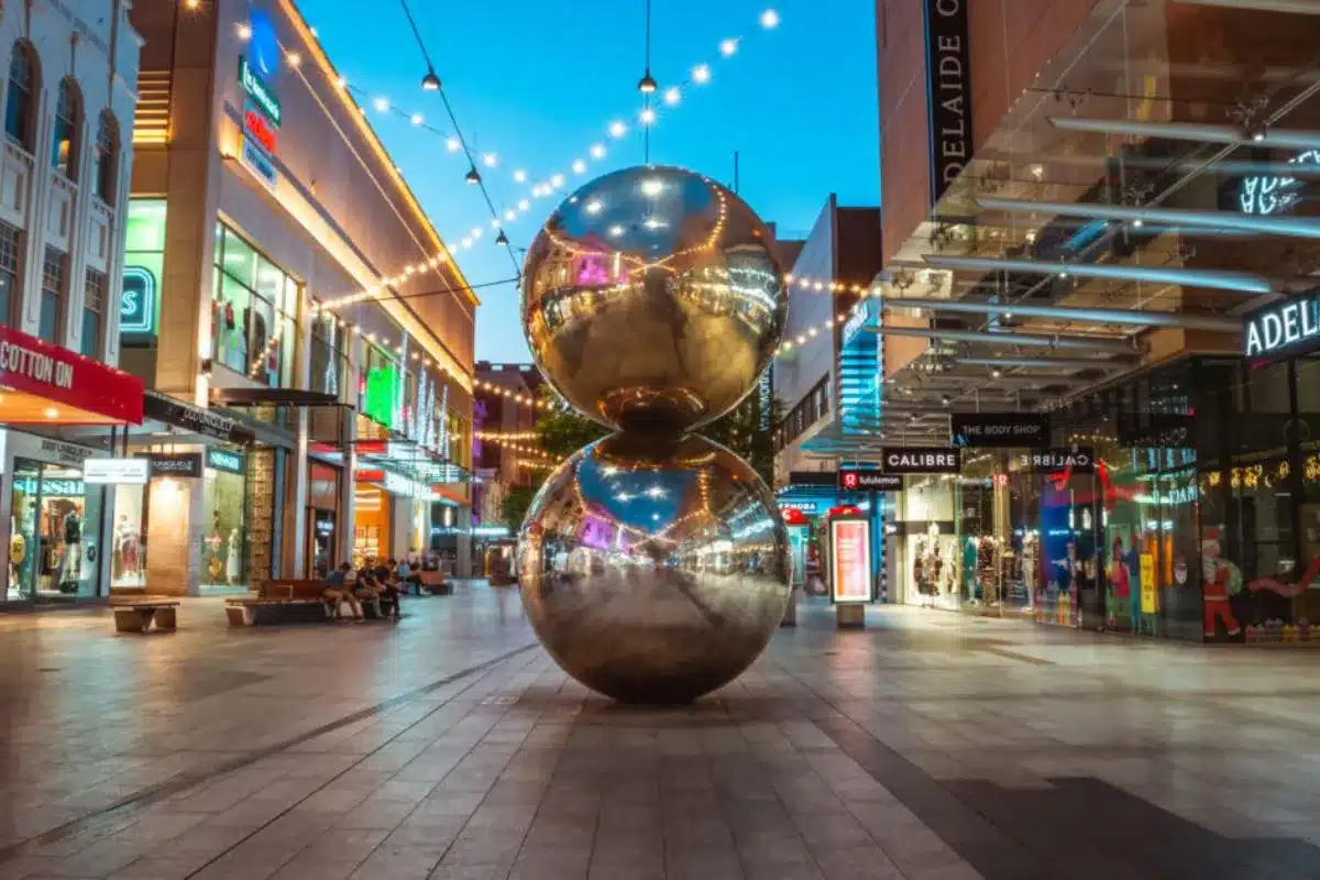Rundle Mall, Adelaide. Malls Balls with festoon lights in background.