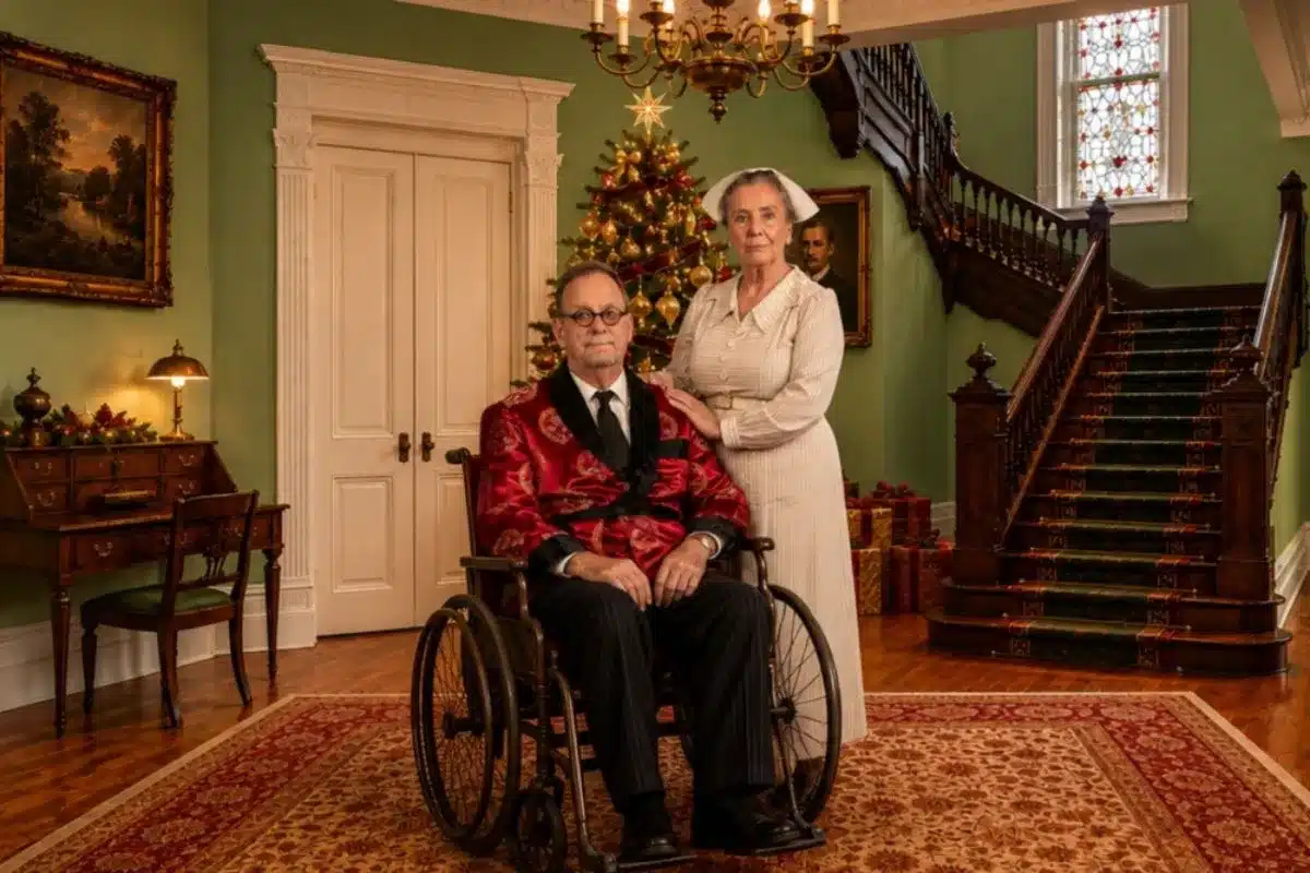 Peter Goers as Sheridan Whiteside in a wheelchair with his on-stage nurse in The Man Who Came to Dinner