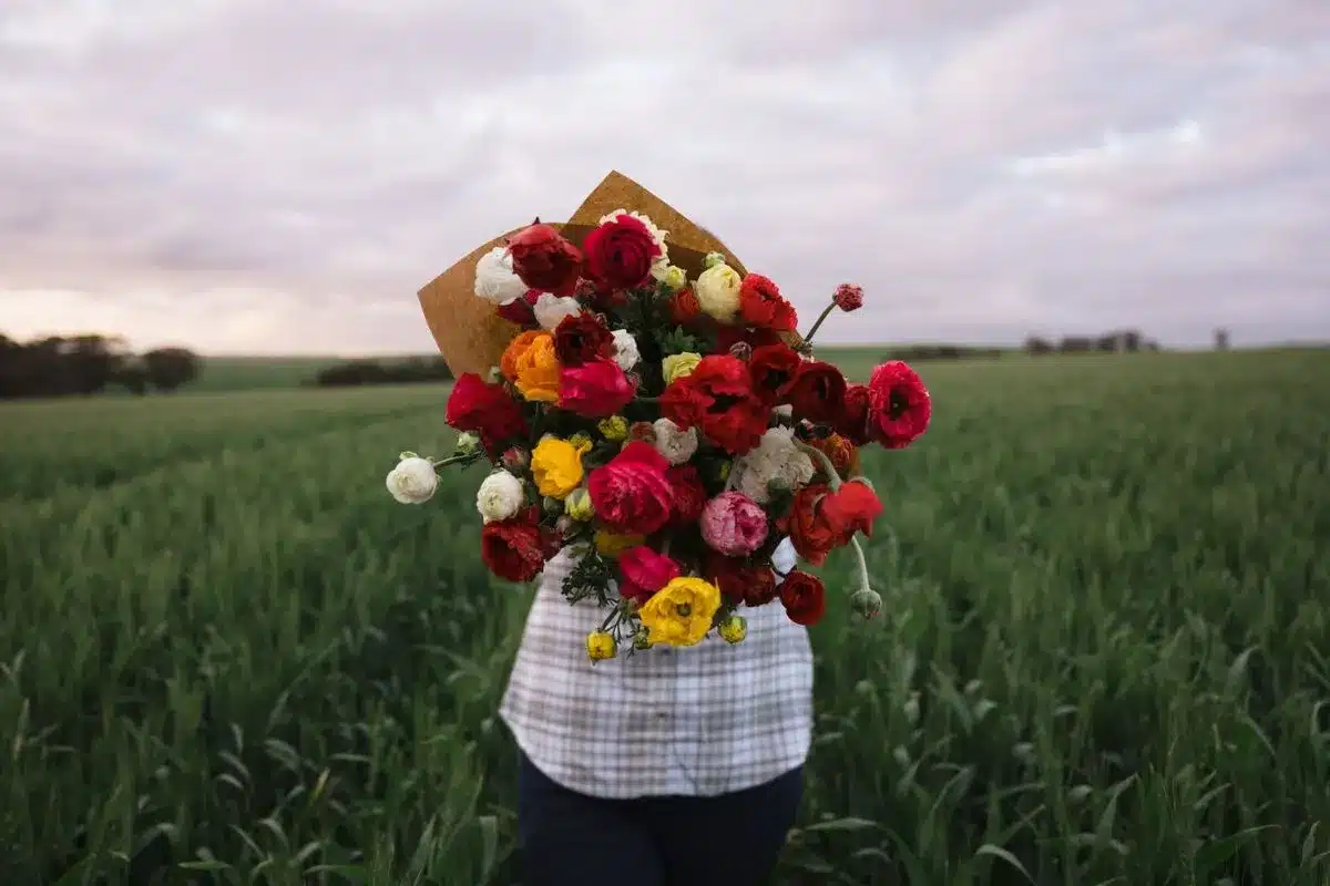 A person holds an oversized bouquet of colourful ranunculus wrapped in brown paper, standing in a green field at Shimmering Pines Farm in the Clare Valley