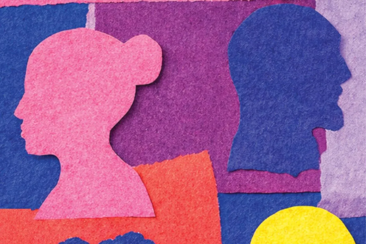 Colourful paper-cutout collage of silhouetted heads in profile