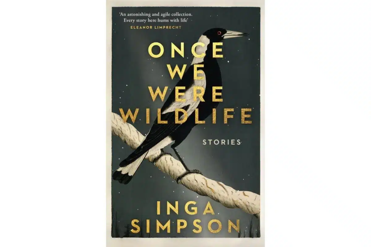 Book cover of Once We Were Wildlife by Inga Simpson, featuring a stormy sky and grassland landscape.