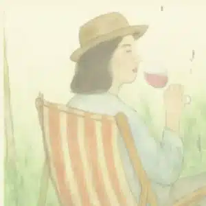 watercolour illustration of a woman in a sunhat drinking red wine in a striped deck chair