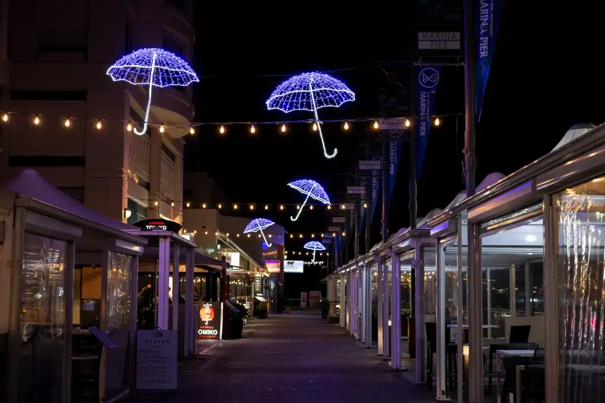 Marina Pier, Umbrellas winter light installation.