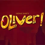 Gold text reading "Lionel Bart's Oliver!" with a jewelled ruby on the O, set against a dark red London skyline silhouette.