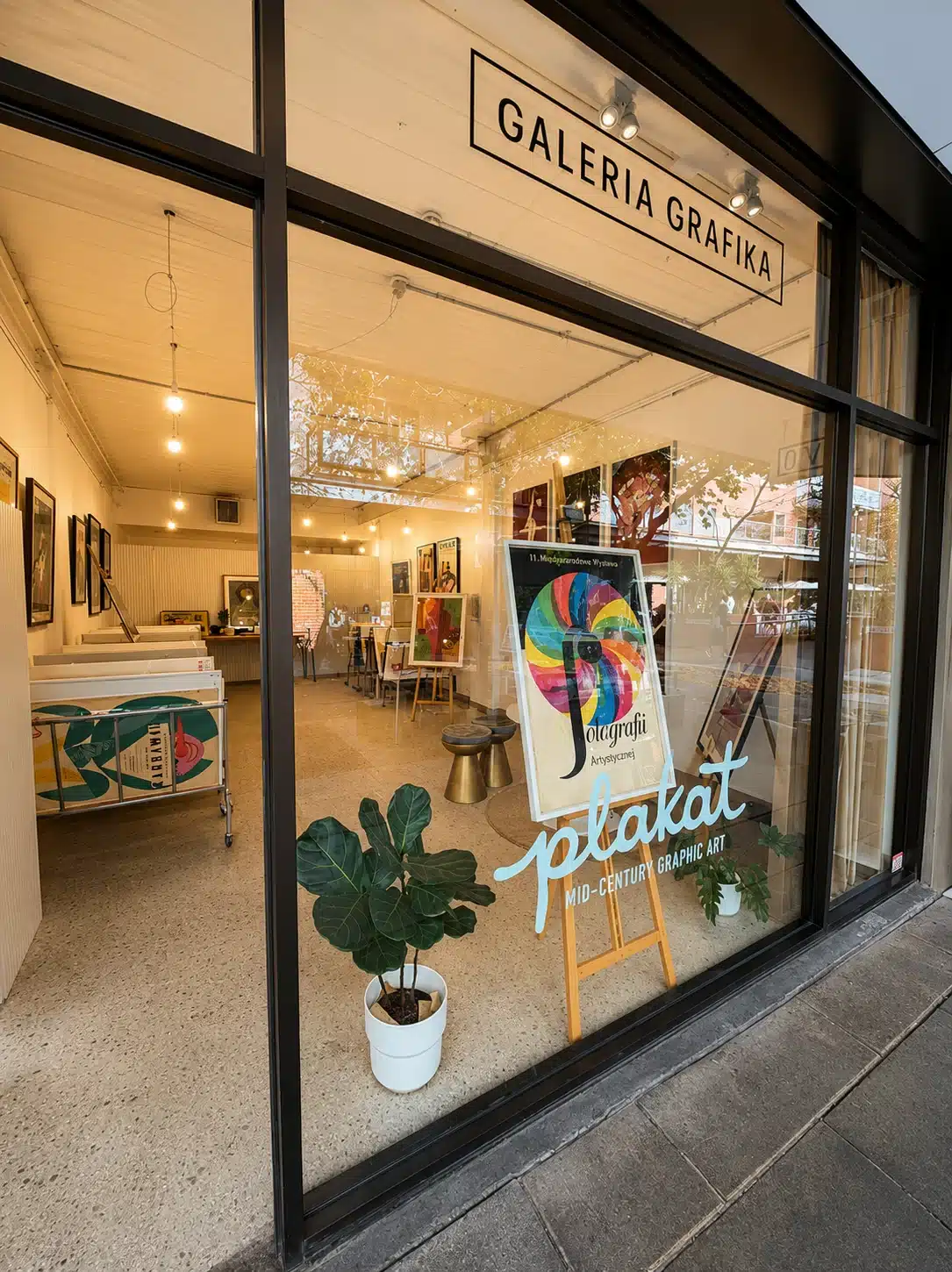 The Galeria Grafika shopfront in Adelaide's East End, with a PLAKAT exhibition poster displayed in the window.