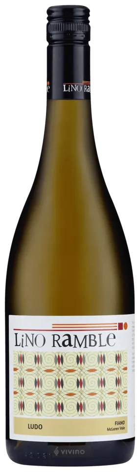 Bottle of Lino Ramble Ludo Fiano, McLaren Vale, with a patterned cream, orange and grey label.