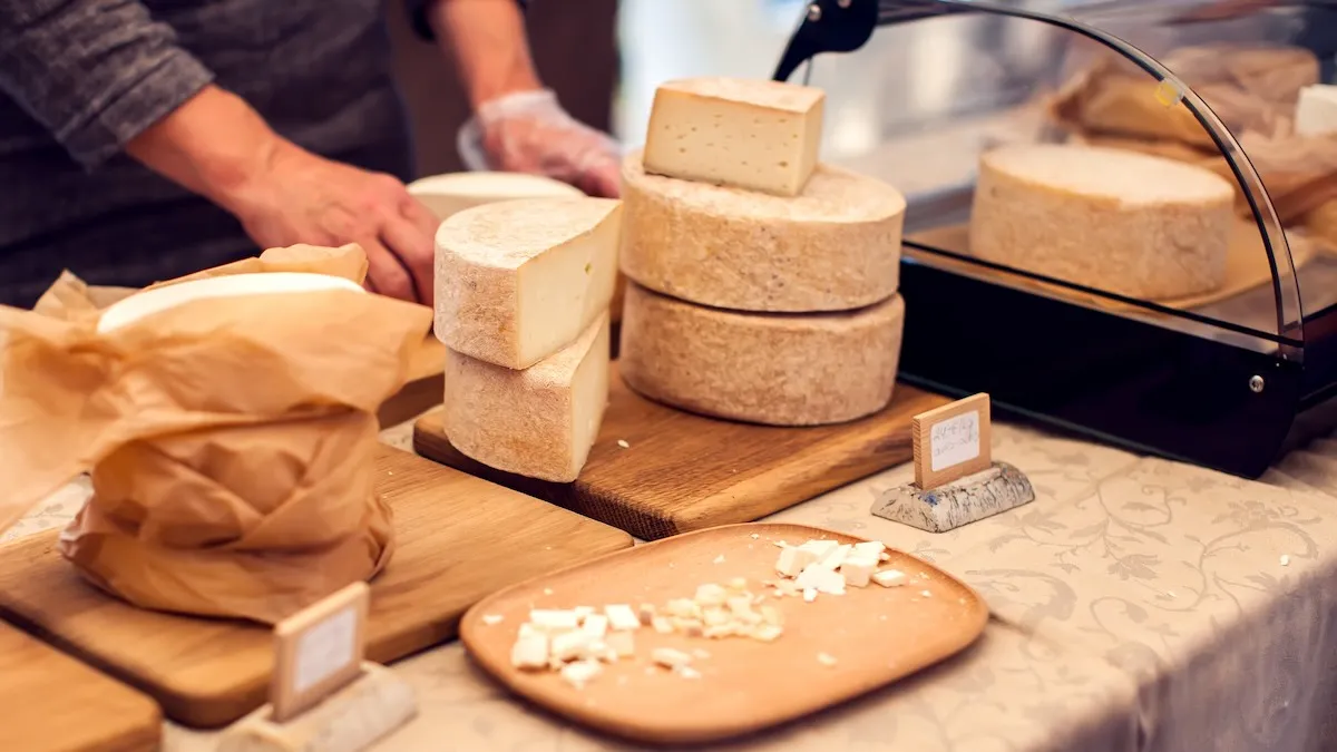 Selection of artisan cheeses displayed on wooden boards at a food and wine event.