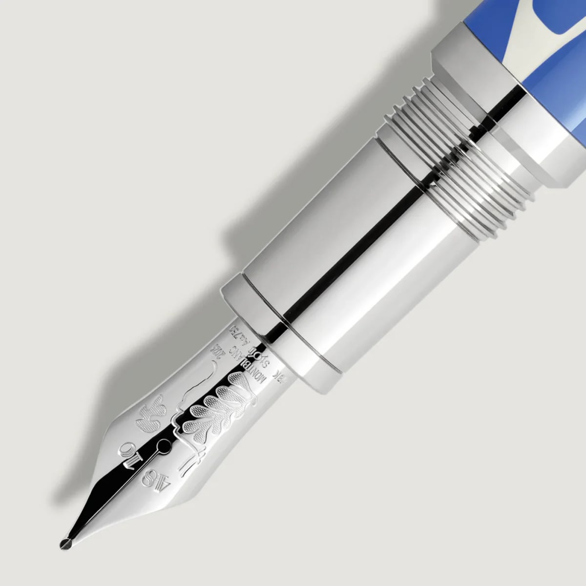 Detail of the Montblanc Matisse pen showing rhodium-coated gold nib with botanical embossing