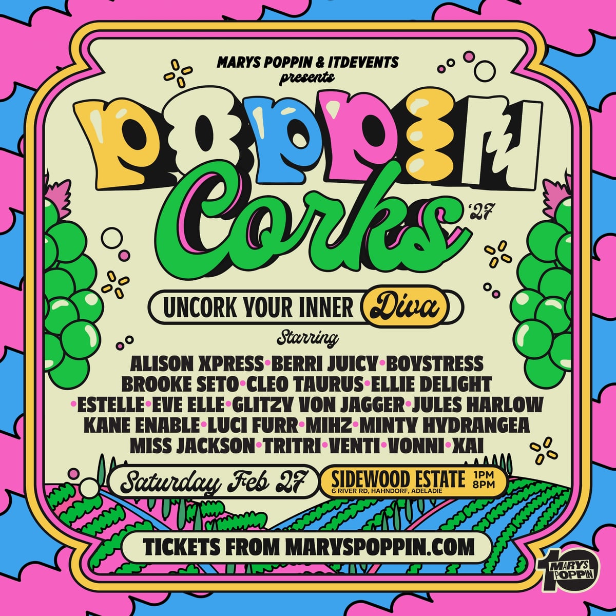 Poppin Corks event promotional image featuring colourful drag aesthetic