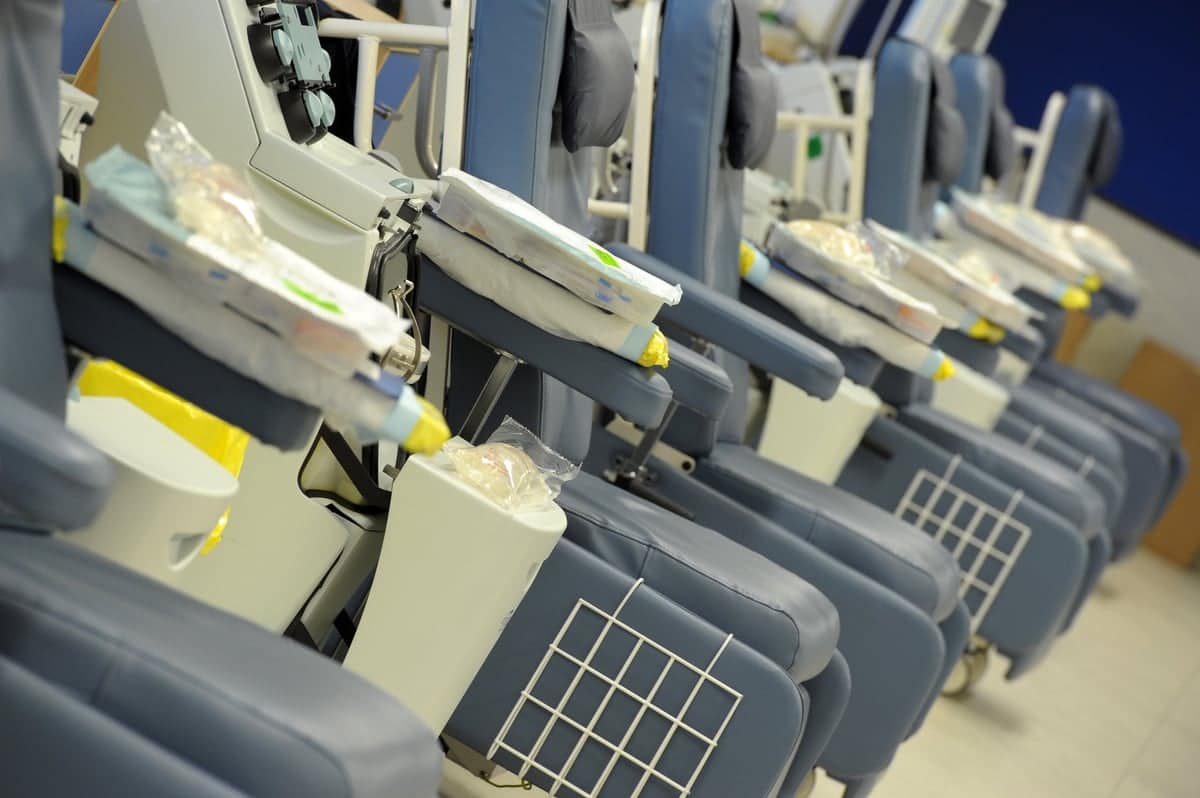 Empty blood donation chairs waiting for donors